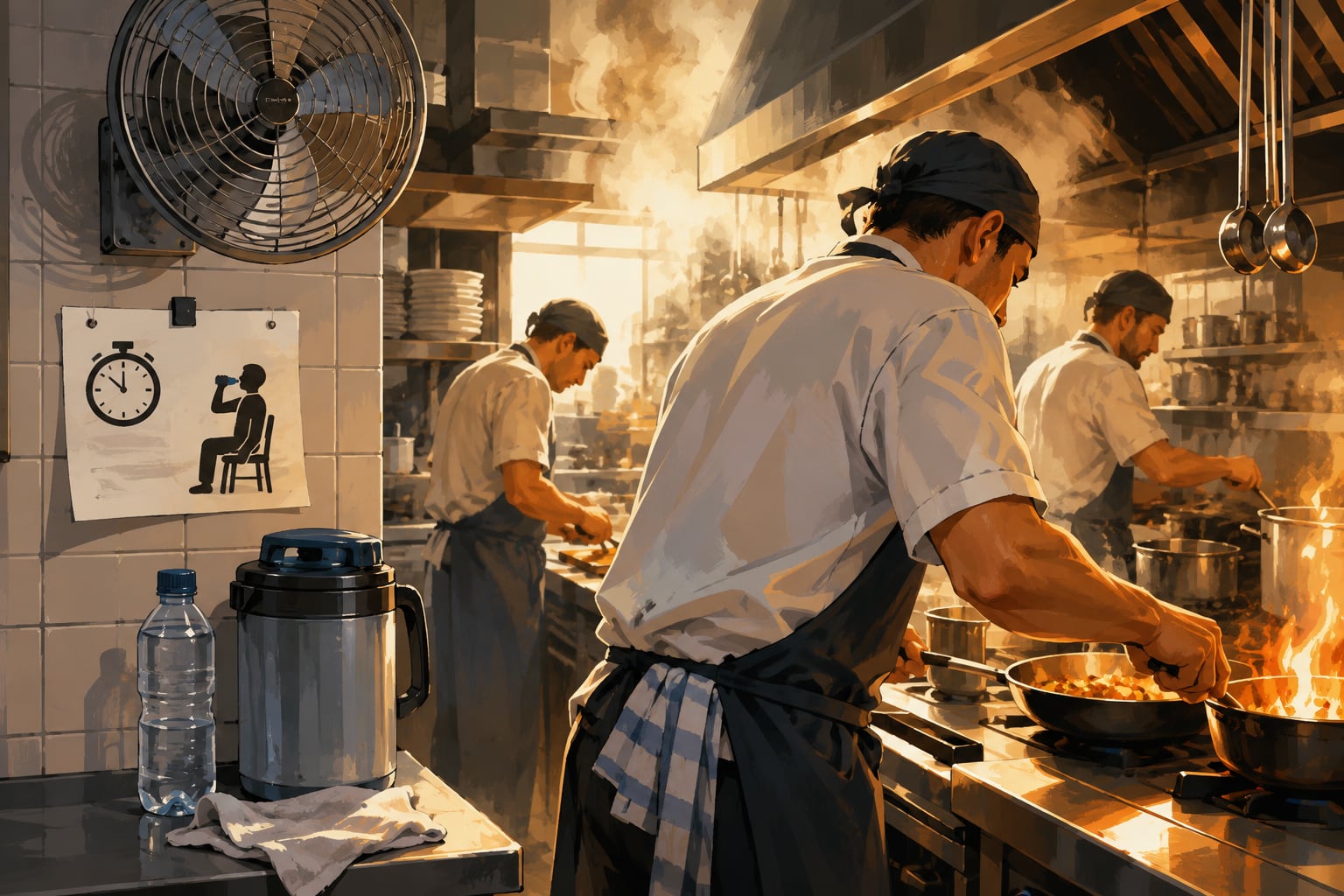 El intenso calor generado por hornos y fogones puede elevar el riesgo de estrés térmico en las cocinas profesionales durante la jornada laboral (Imagen ilustrativa Infobae)