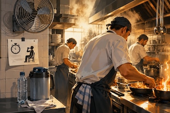 El intenso calor generado por hornos y fogones puede elevar el riesgo de estrés térmico en las cocinas profesionales durante la jornada laboral (Imagen ilustrativa Infobae)