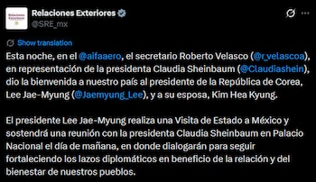 El mandatario surcoreano arribó este miércoles al aeropuerto mexicano tras participar en la Asamblea General de la ONU. Crédito: SRE