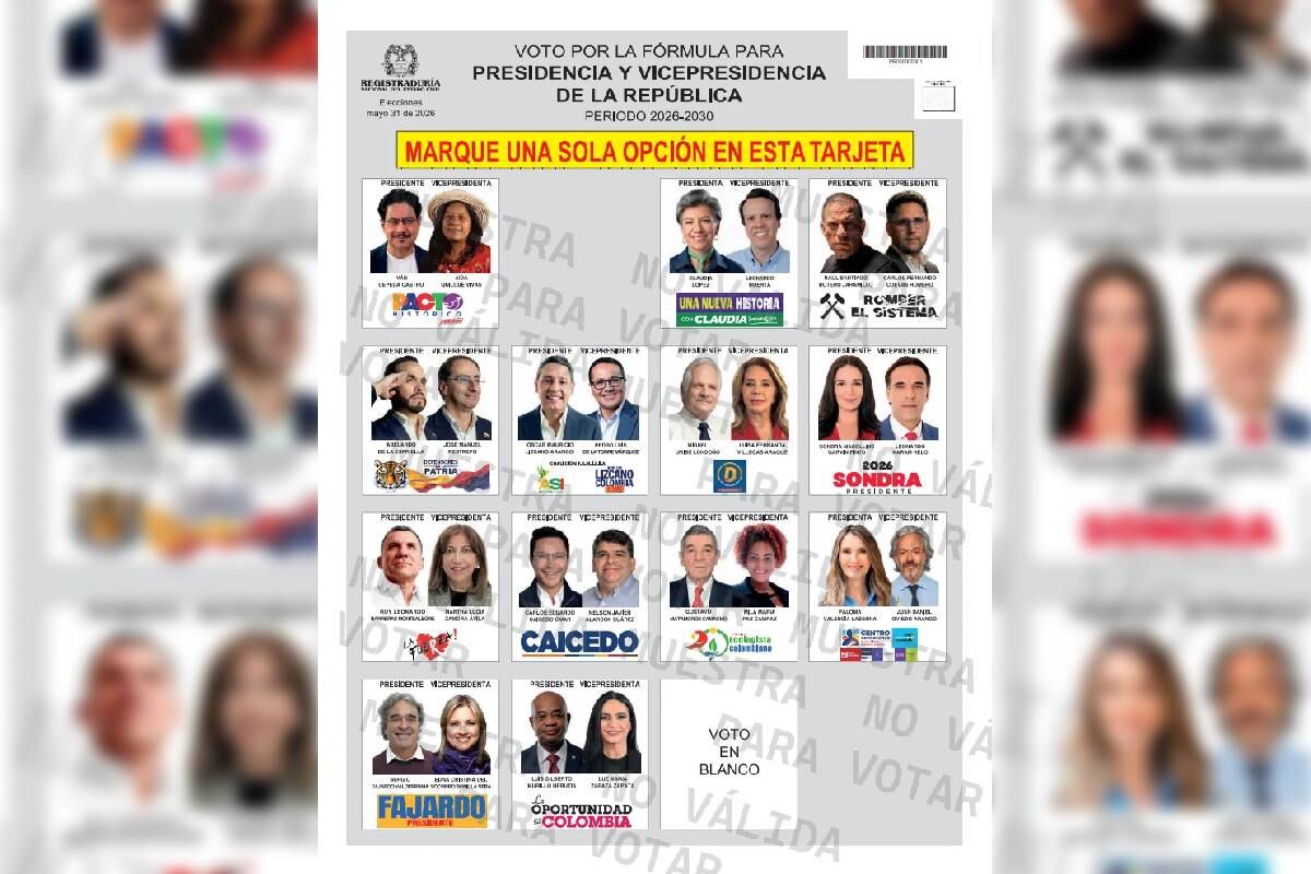 Este es el tarjetón oficial para las elecciones presidenciales y vicepresidenciales de Colombia para el período 2026-2030, con las diferentes fórmulas de candidatos.