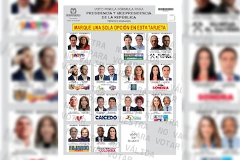 Tarjetón electoral colombiano para la presidencia y vicepresidencia 2026-2030, con fotos de candidatos y logos de partidos políticos