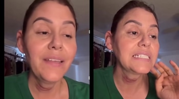 Dos capturas horizontales de una mujer con camiseta verde que enseña marcas rojas en la piel de su cuello.