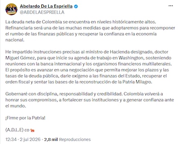 Abelardo de la Espriella anunció renegociación de la deuda pública tras asumir la presidencia - crédito @ABDELAESPRIELLA/X