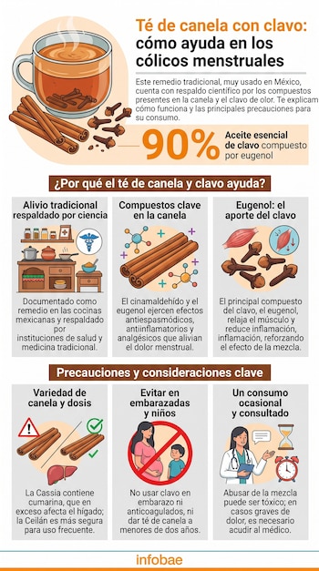 Infografía sobre té de canela y clavo con datos sobre el eugenol, ilustraciones de ingredientes, consejos de uso y advertencias médicas.