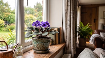 Una violeta africana con flores moradas en maceta sobre un alféizar de madera junto a un frasco, libros y una regadera de cobre.