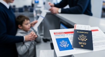 Pasaporte de Estados Unidos y formulario oficial del Departamento de Estado en mostrador de aeropuerto. Fondo borroso con un niño y manos de adultos.