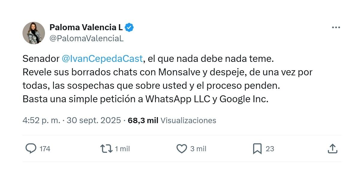 La senadora Paloma Valencia hizo públicos sus señalamientos al senador Iván Cepeda, del que espera que pida que se revele el contenido de sus chats - crédito @PalomaValenciaL/x