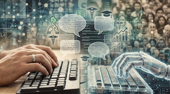 Una mano humana y una mano robótica transparente teclean en teclados. Burbujas de texto, código y símbolos (médicos, académicos, empresariales) aparecen sobre un fondo de datos.