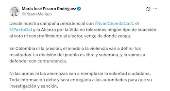 María José Pizarro insistió en que la campaña de Iván Cepeda, el Pacto Histórico y la Alianza por la Vida no aceptan ningún tipo de constreñimiento al elector - crédito @PizarroMariaJo/X