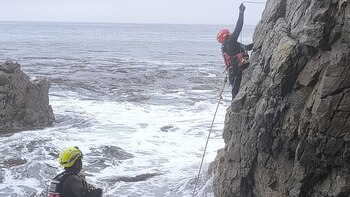 Especialistas descienden con arneses en