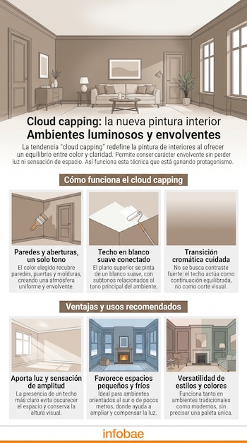 Infografía con ilustraciones de habitaciones decoradas, brochas de pintura y cuadros con texto explicativo.
