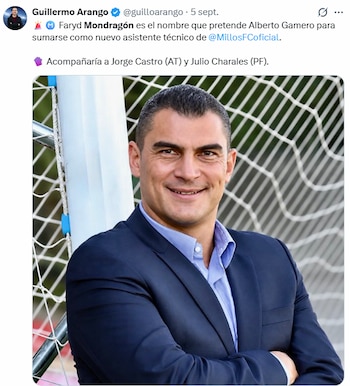 El periodista de Win Sports, Guillermo Arango, y el rumor de la posible llegada de Faryd Mondragón al cuerpo técnico de Alberto Gamero en Millonarios - crédito @guilloarango/X