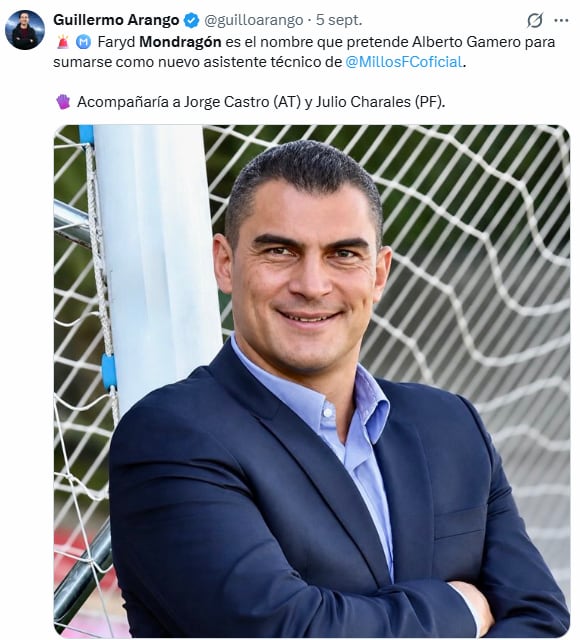 El periodista de Win Sports, Guillermo Arango, y el rumor de la posible llegada de Faryd Mondragón al cuerpo técnico de Alberto Gamero en Millonarios - crédito @guilloarango/X