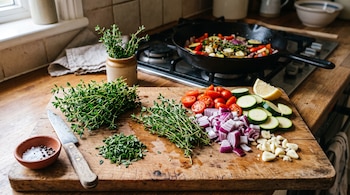 Ramas de tomillo, tomates, cebolla, calabacín y ajo picados sobre una tabla de madera junto a una sartén al fuego.