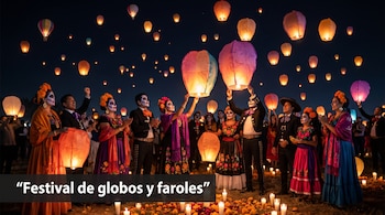 Personas vestidas con trajes tradicionales y maquillaje de calavera sostienen globos de papel iluminados en la noche entre velas y flores.
