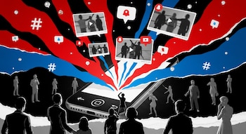 Ilustración digital: un teléfono celular gigante emite ondas rojas y azules. Siluetas humanas lo observan. Burbujas de notificaciones, hashtags y videos borrosos flotan.