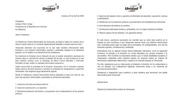 La Plataforma Unitaria Democrática de Venezuela envió una carta al presidente Gustavo Petro en la que solicita priorizar la liberación de presos políticos - crédito Plataforma Unitaria Democrática/X