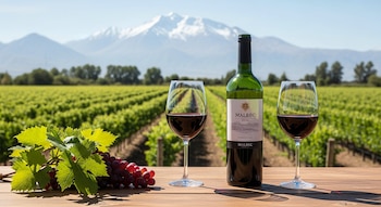Mesa de madera con botella de vino, dos copas de vino tinto, racimo de uvas con hojas, viñedo y montañas nevadas en el fondo.