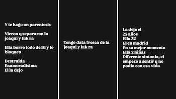 Tres paneles de texto blanco sobre fondo negro. Los textos mencionan la separación de La Joaqui y Luck Ra, sus edades y detalles del quiebre