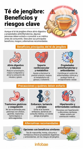 Infografía sobre té de jengibre con imágenes de raíz, taza de té, estómago, corazón, mujer embarazada, escudo, iconos de precaución y texto informativo.
