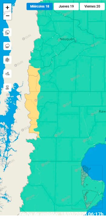 Mapa meteorológico de Argentina mostrando zonas con alertas amarillas y verdes. Incluye opciones para Miércoles 18, Jueves 19, Viernes 20 y fecha 18/03/2026