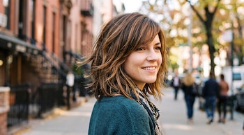 Retrato de perfil de una mujer sonriente con cabello castaño a capas y flequillo lateral, en una calle con edificios de ladrillo.