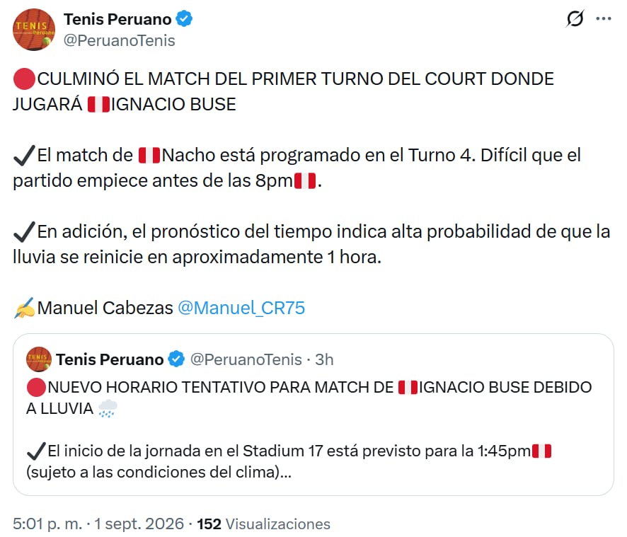 Se retrasa el debut de Ignacio Buse en el US Open 2026. Crédito: X Tenis Peruano.