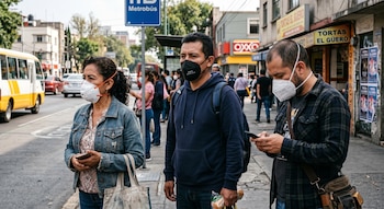 Tres personas con mascarillas, un hombre, una mujer y otro hombre, esperan en una acera de la Ciudad de México con vehículos y edificios de fondo