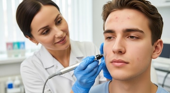 Primer plano de una dermatóloga con guantes azules aplicando una técnica con microagujas en la mejilla de un joven con acné.