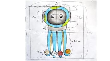 Dibujo técnico a color de un pulpo antropomórfico con un casco que simula la Tierra, cuerpo azul, y planetas al final de sus tentáculos, con medidas y líneas de cuadrícula