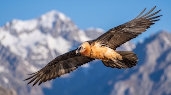 Quebrantahuesos en vuelo con alas extendidas, pecho anaranjado y plumas oscuras, sobre un fondo de montañas con nieve y cielo azul.