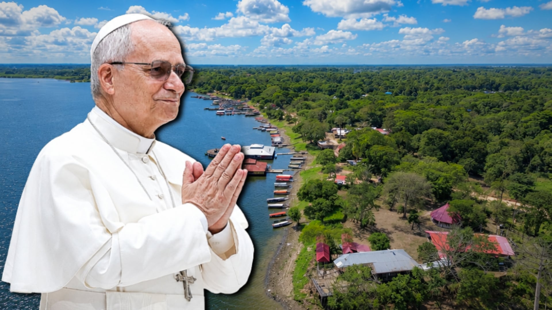 Un montaje fotográfico sitúa al papa León XIV junto al paisaje amazónico de Pucallpa ante su llegada a la región de Ucayali. (Infobae / Composición Fotográfica)