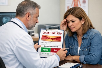 Un médico muestra un portapapeles con un diagrama de colesterol alto y niveles a una paciente. La mujer mira el portapapeles con expresión preocupada.