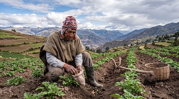 Un hombre con poncho y chullo sostiene una bolsa de semillas en un campo con plantas, junto a una azada, una cesta de mimbre y montañas.