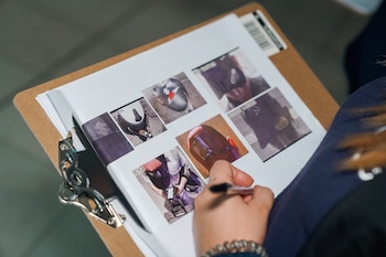 Una mano sostiene un bolígrafo sobre un documento con fotografías impresas de cámaras de seguridad sujeto en una tabla de madera