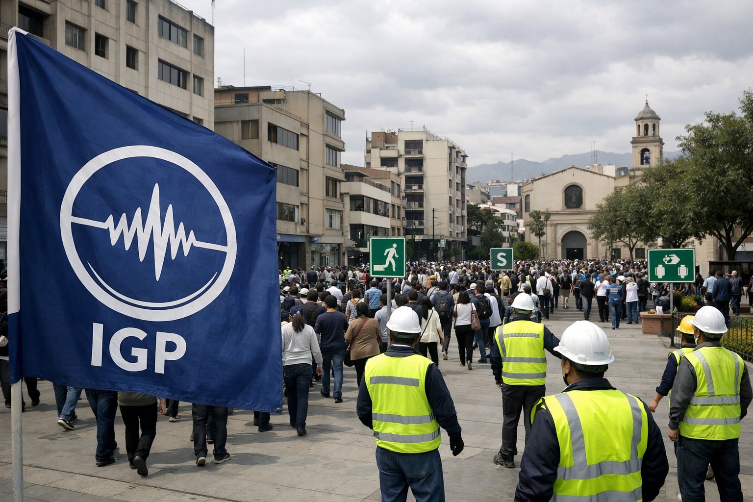 Cientos de personas evacuan edificios en una ciudad peruana durante un simulacro sísmico, supervisados por brigadistas y con la bandera del Instituto Geofísico del Perú (IGP) en primer plano, reforzando la cultura de prevención. (Imagen Ilustrativa Infobae)