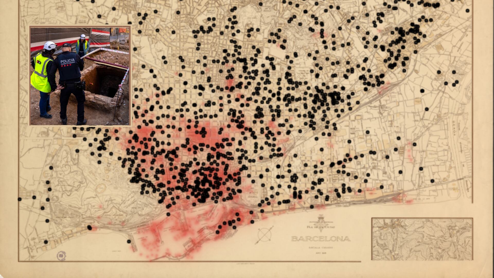 Plano de Barcelona de 1935 con las zonas bombardeadas en rojo y los regios en negro junto a la imagen de uno de los refugios descubiertos en 2026. (Ayuntamiento de Barcelona)