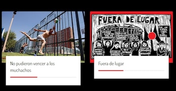 Fotografía de un hombre saltando para alcanzar una pelota de fútbol sobre una valla metálica. Al lado, ilustración gráfica de personas con pancartas