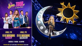 Un cartel de concierto muestra cinco jóvenes, un logo "Soy Luna Tour", fechas en Lima y precios, junto a una mujer en un escenario sentada en una luna