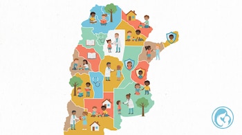 Mapa colorido de Argentina con dibujos de niños estudiando, en consulta médica y jugando, junto al logotipo de UNICEF en la esquina inferior.