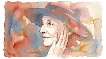 Ilustración en acuarela de una mujer madura que toca su rostro, con la sombra de un sombrero de ala ancha dibujada sobre sus ojos.