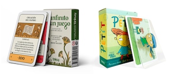 Dos juegos de mesa educativos en sus cajas y cartas. A la izquierda, "El Infinito en un juego" con ilustraciones de papiros. A la derecha, "Cómo se te ocurre PETIT" con personajes animados