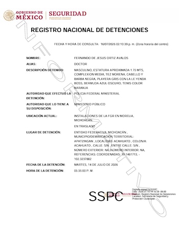 Ficha de detención expedida por el RND.