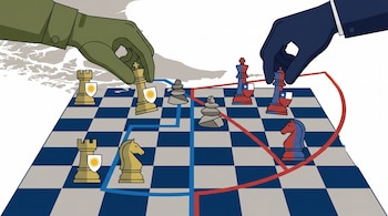 Ilustración plana de un tablero de ajedrez sobre un mapa del Cabo de Hornos con piezas que representan a Argentina y Chile, y dos manos moviéndolas.