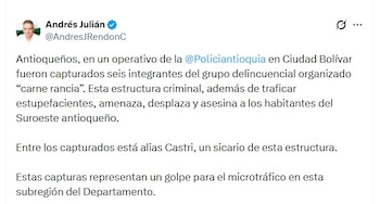 O governador Andrés Julián Rendón informou que entre os presos estava o pseudônimo Castrillón, acusado de coordenar o controle do movimento de força popular em Ciudad Bolívar - crédito @AndresJRendonC/X