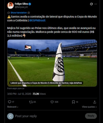 Este fue el momento cuando el periodista brasileño explicó el interés del cuadro "Peixe" en el defensor que juega como lateral izquierdo-crédito @felipee_sil/X