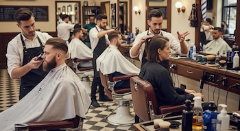 Varios barberos trabajan en una peluquería con decoración clásica; uno corta el pelo de un hombre con barba, y otro barbero conversa con una persona de cabello corto.