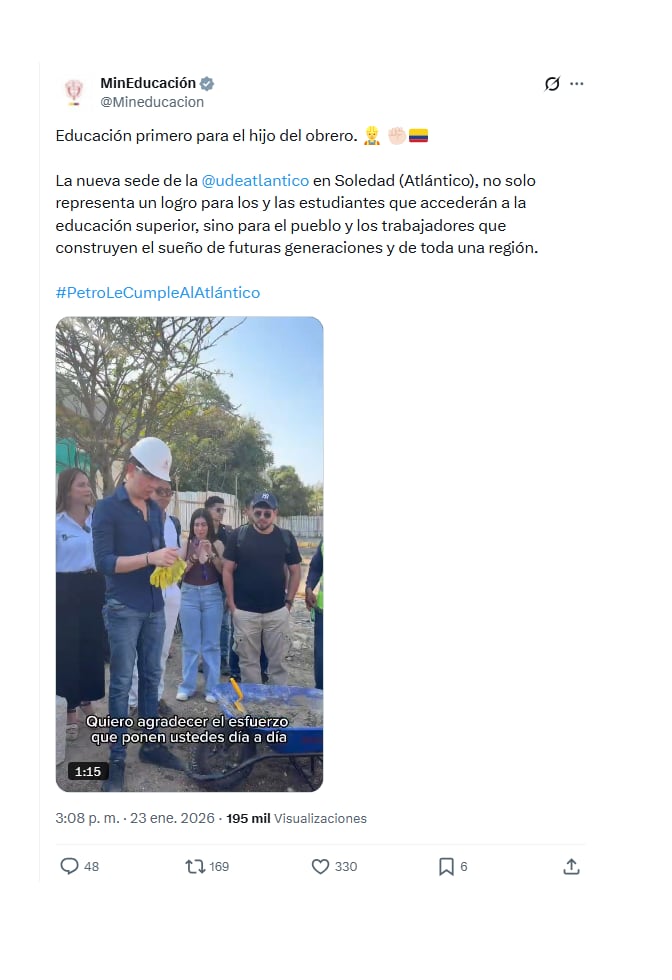 A través de sus redes sociales, el Ministerio de Educación sacó pecho por los avances mostrados en la sede de la Universidad del Atlántico en Soledad - crédito @Mineducacion/X