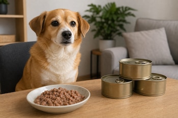 Un perro de pelaje marrón y blanco junto a un plato con alimento para mascotas y tres latas sobre una mesa de madera.
