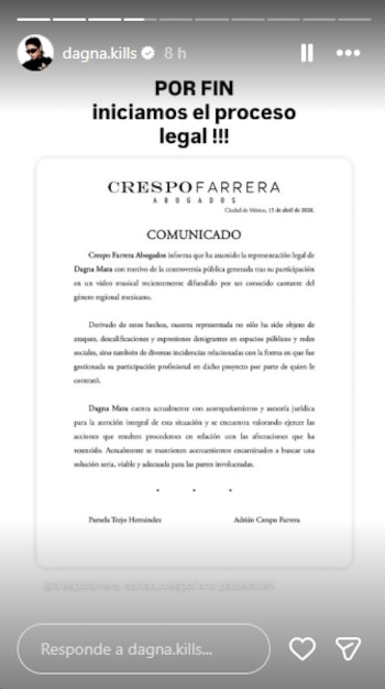 Captura de pantalla de una publicación de Instagram. Muestra un comunicado legal de Crespo Farrera Abogados y el texto "POR FIN iniciamos el proceso legal !!!"
